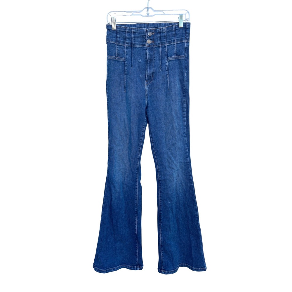 Free People High Waisted Flared Jeans Dark Wash Denim Bell Bottoms sz‎ 30